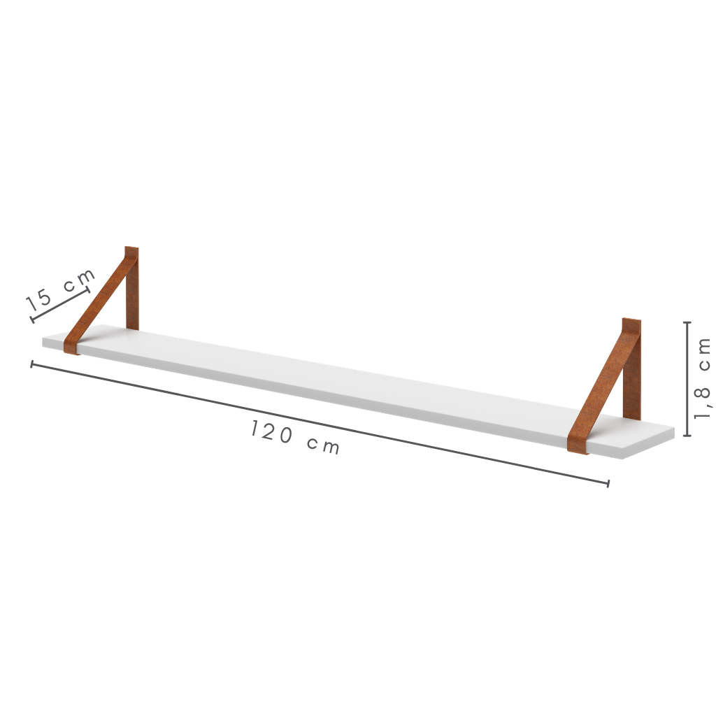 Prateleira de Parede 120 cm em MDF com Alça de Couro Sintético Cor Branco, medidas:  A=1,8 cm   C=120 cm   L=15 cm