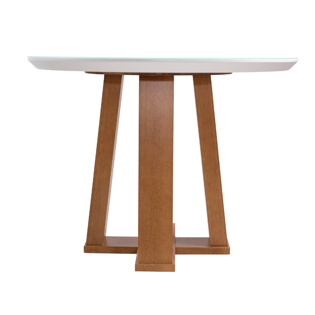mesa de jantar redonda Atenas base x Amêndoa e tampo branco 110 cm, visto de frente