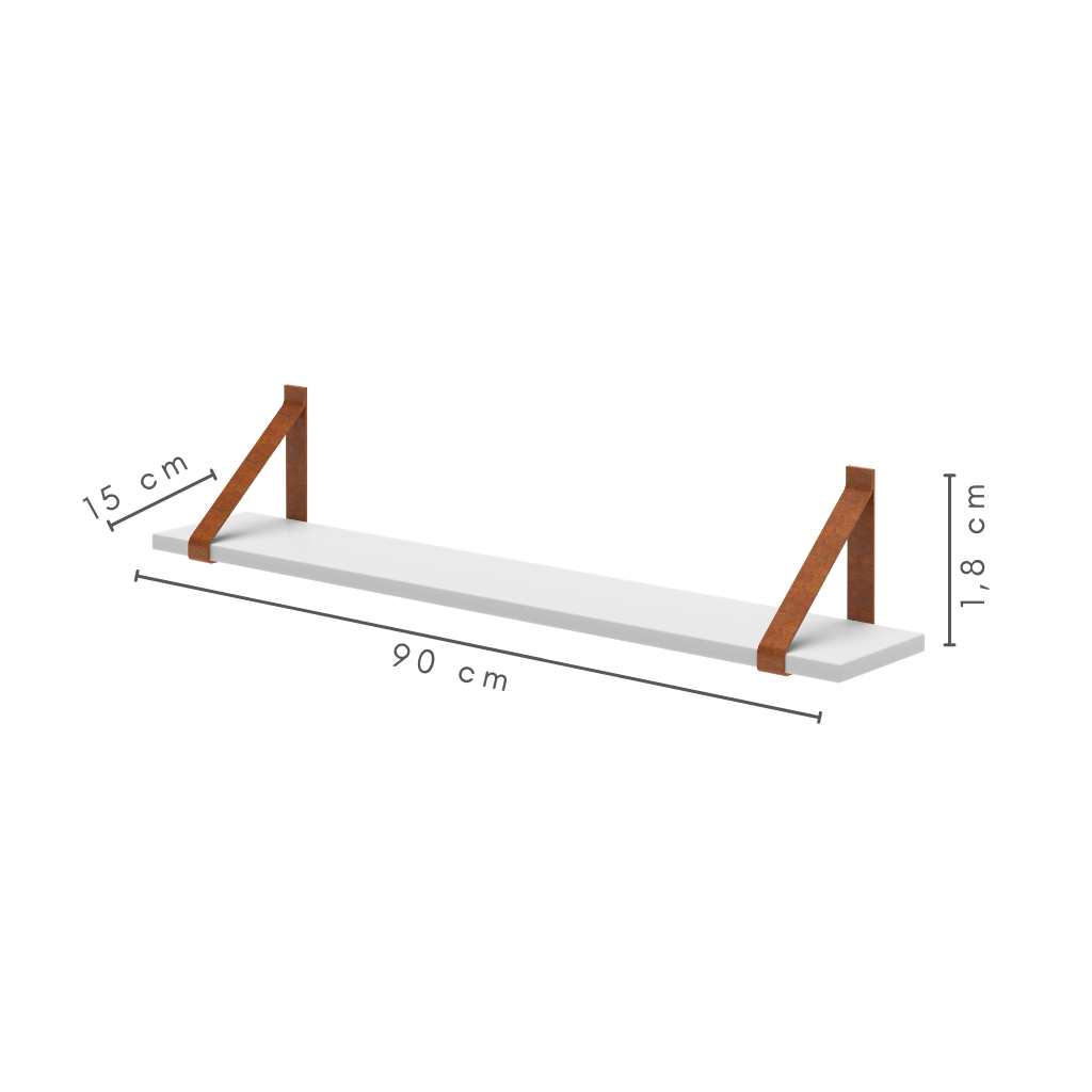 Prateleira de Parede 90 cm em MDF com Alça de Couro Sintético Cor Branca, medidas:   A=1,8 cm   C=90 cm    L=15 cm 