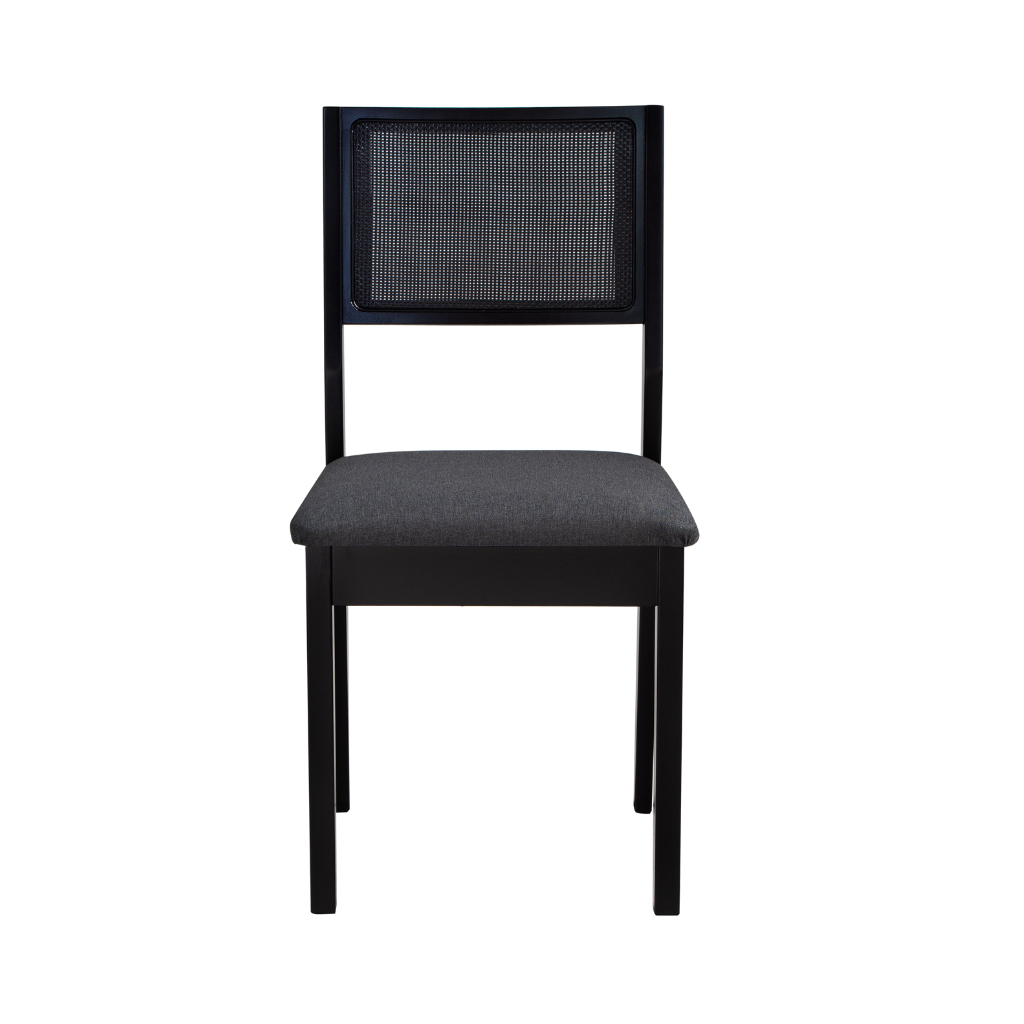  cadeira de madeira em trama natural e estufado silvia cor preto tecido linho escuro, visto de frente