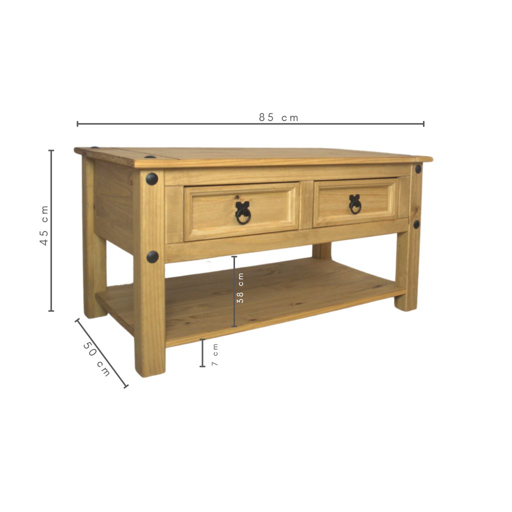 Mesa de Centro 2 Gavetas em Madeira Cor Cera Natural Boho