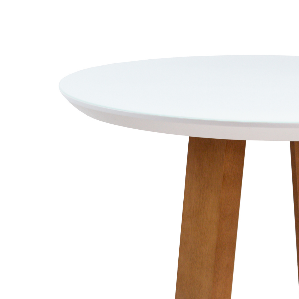 mesa de jantar redonda Atenas base x Amêndoa e tampo branco 110 cm, destacando a borda