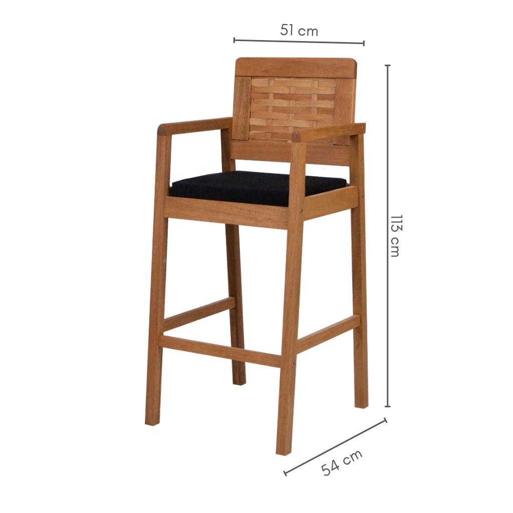 banqueta de madeira com traçado, tecido preto acquablock, cor marrom, A=113 cm   C=51 cm   L=54 cm