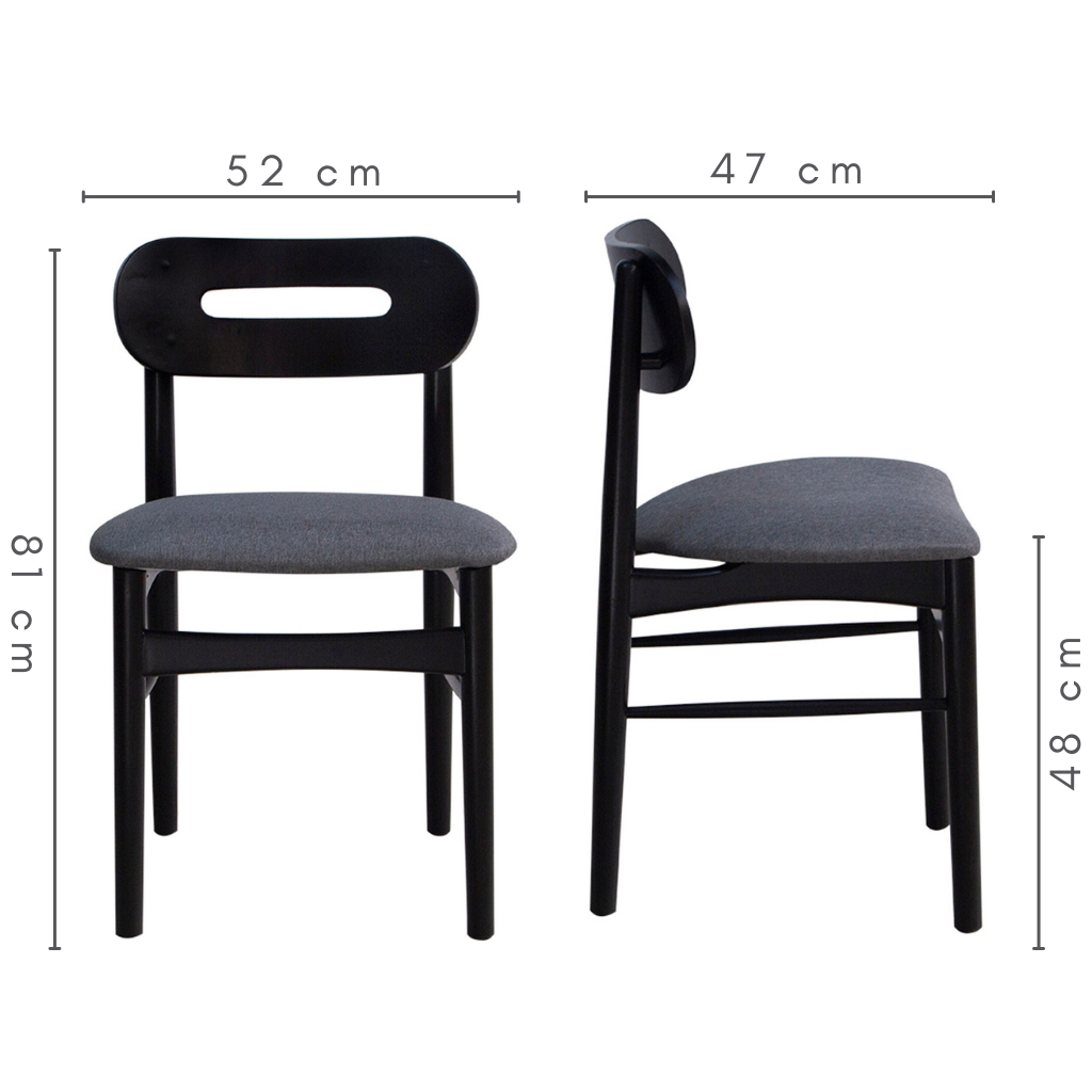 Cadeira Em Madeira Luana Cor Laca Preta Fosca Tecido Linho Cinza, medidas=   Altura total=81 cm     Altura entre chão e assento= 48 cm     C=52 cm    L=47 cm