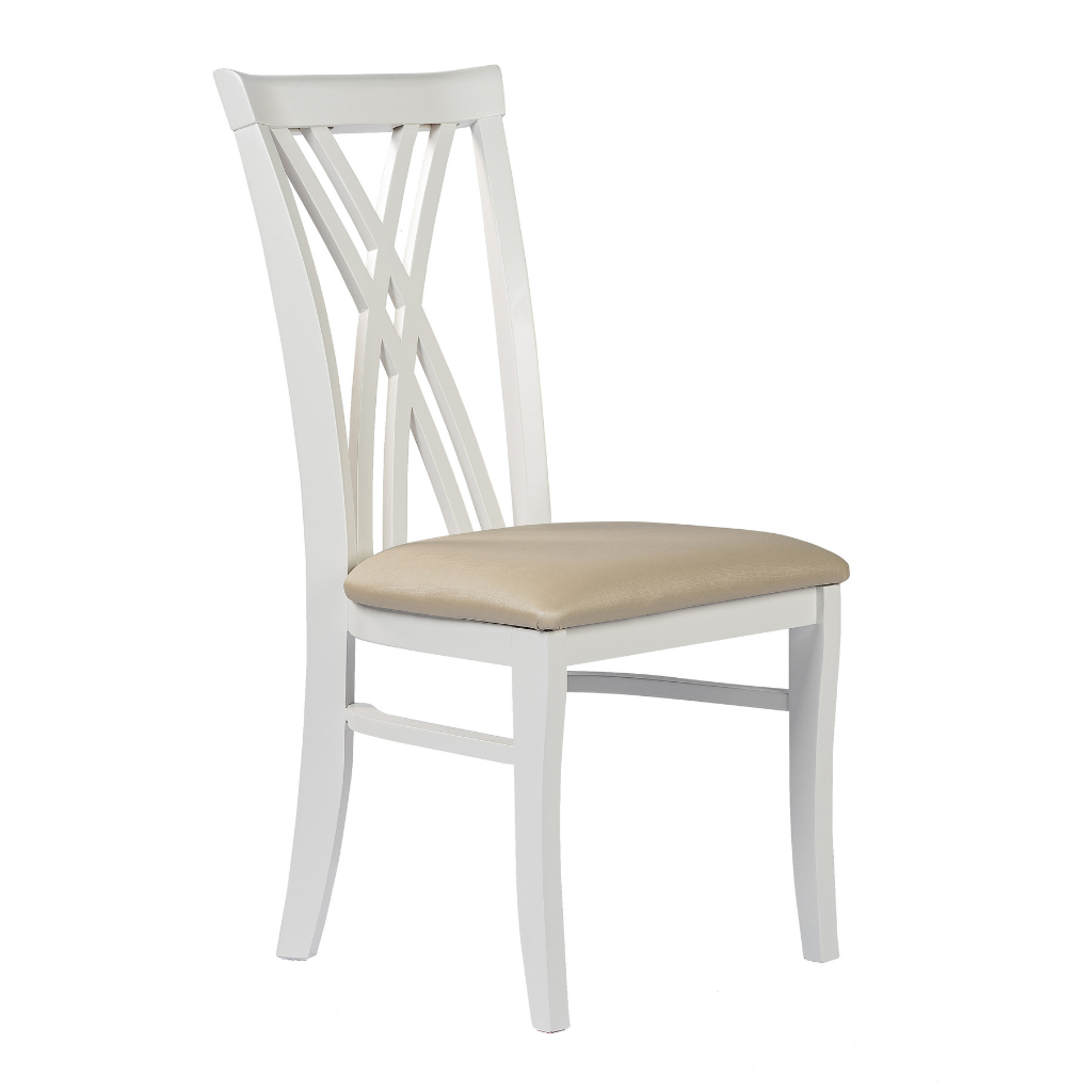 Cadeira Dora na cor laca branca com tecido facto fendi. Seu encosto de madeira formando um x