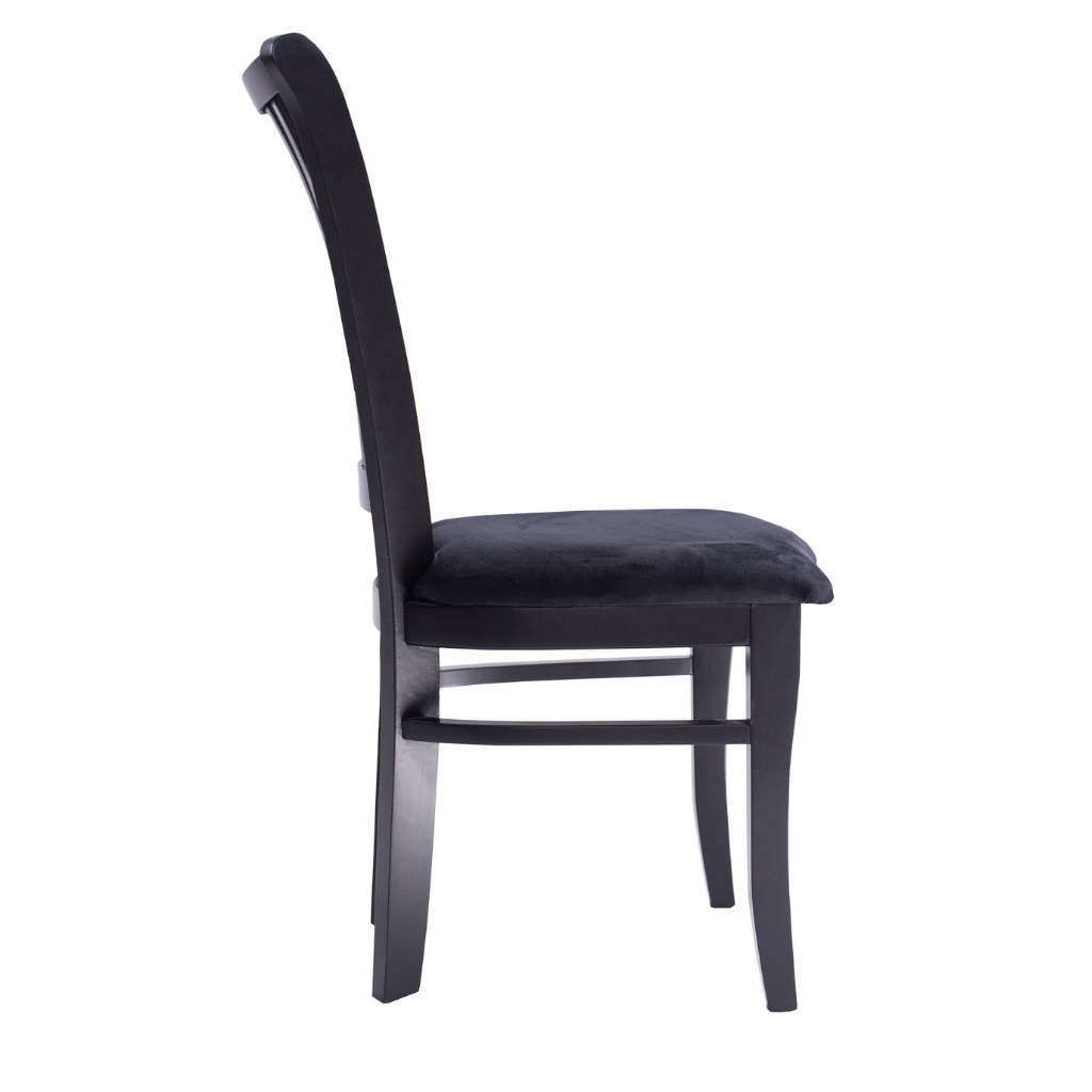 Conjunto 2 cadeiras, cor preto fosco, tecido veludo preto, visto de lado
