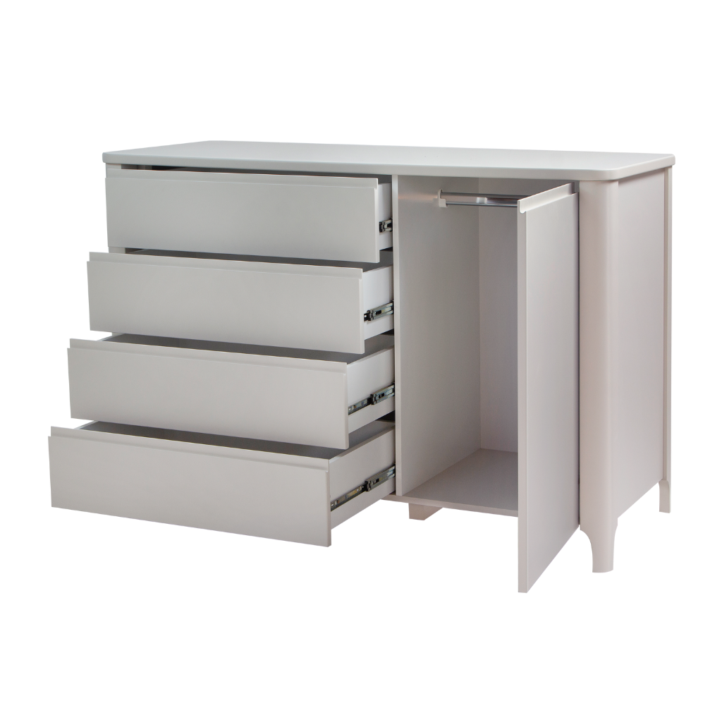 Cômoda-armário com 4 gavetas e 1 porta bloom cor areia, destacando ela com as gavetas e portas abertas