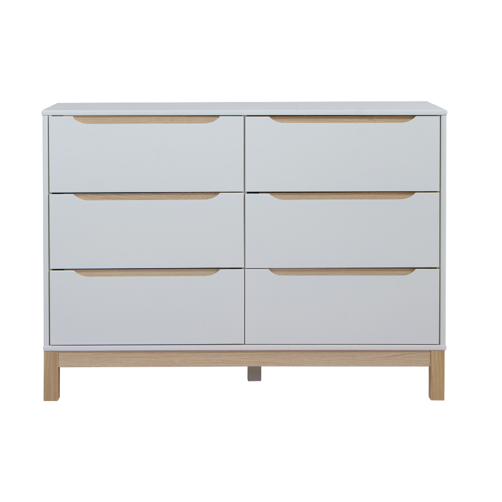 cômoda 6 gavetas cozy cor branco e carvalho, visto de frente
