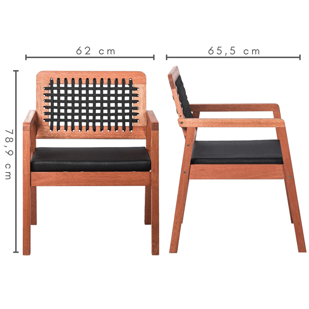 Poltrona Anice de Madeira com corda Preta Tecido Acquablock, medidas:   A=78,9 cm    C=62 cm    L=65,5 cm