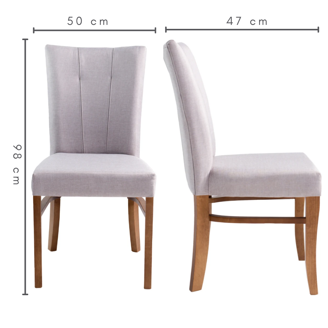 conjunto 2 cadeira naíma com tecido bege roma e pés imbuia, medidas  A=98 cm    C=50 cm    L=47 cm