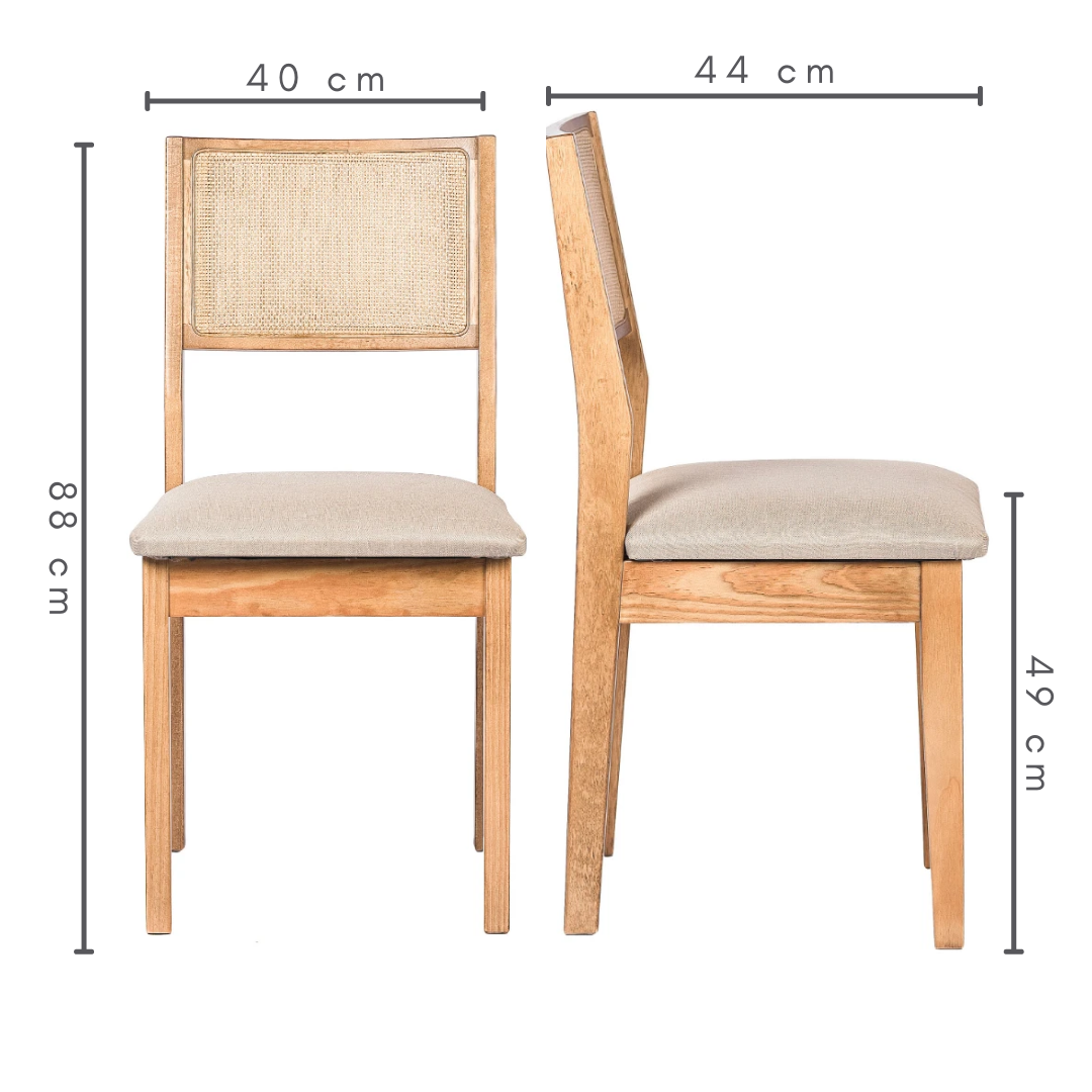 conjunto de 2 cadeiras de madeiras em trama natural e estufado silvia cor amêndoa tecido linho, medidas    altura total= 88 cm     altura do chão ao assento= 49 cm      L=44 cm      C=40 cm