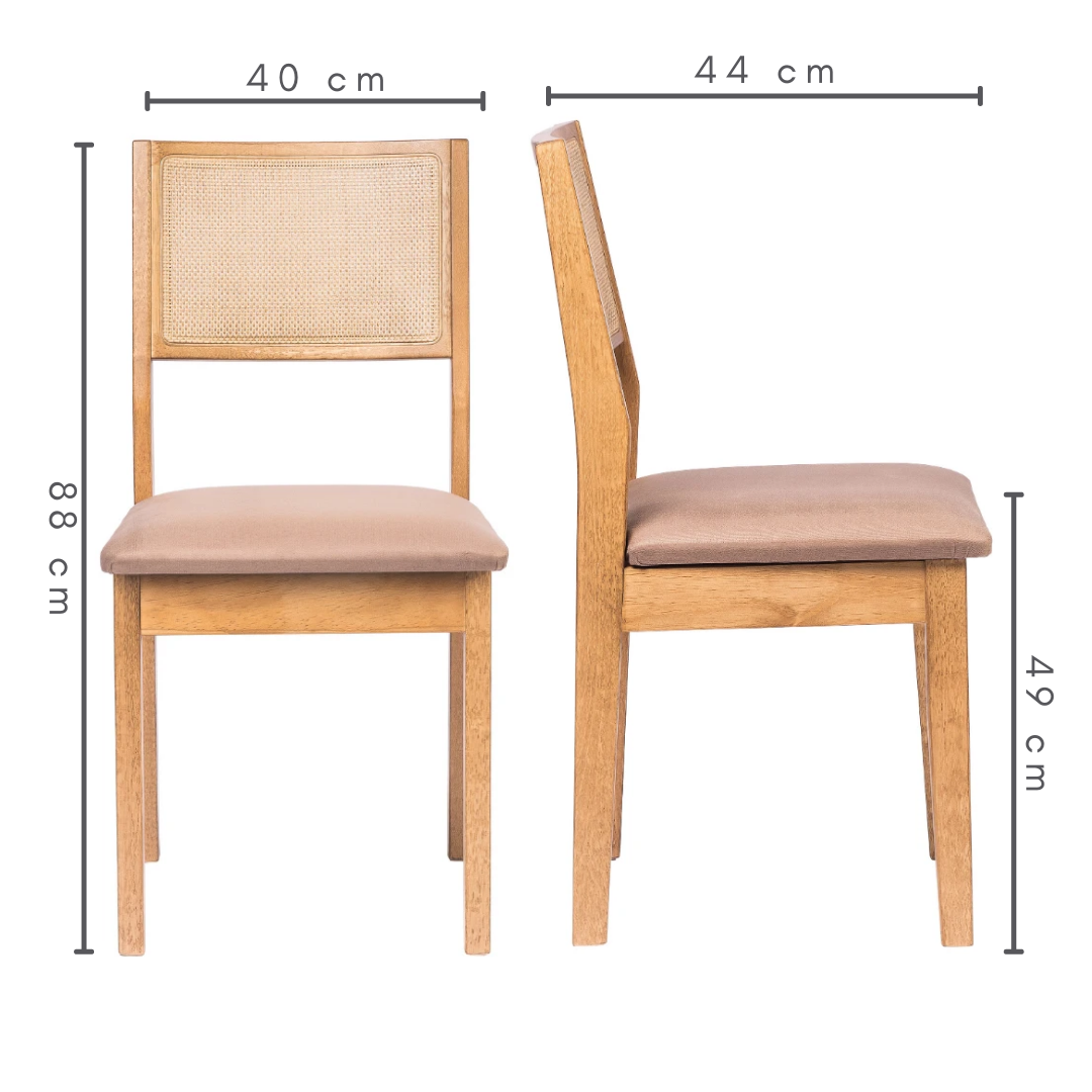 conjunto de 2 cadeiras de madeiras em trama natural e estufado silvia cor amêndoa tecido suede,medida    altura total= 88 cm   altura do chão ao assento= 49 cm    L= 44 cm    C=40 cm
