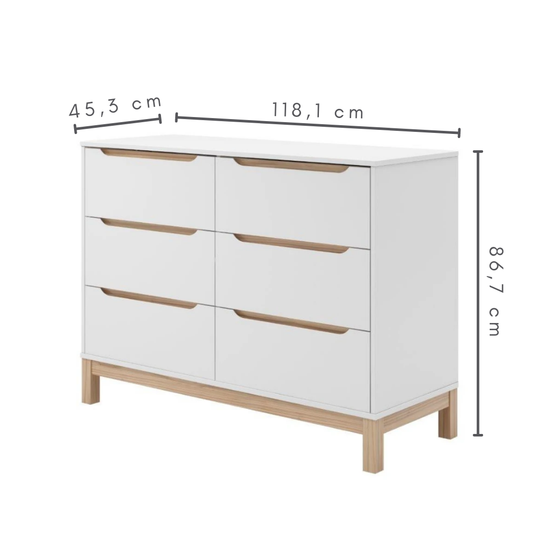 cômoda 6 gavetas cozy cor branco e carvalho, medida   A=86,7    C=118,1 cm    L=45,3 cm