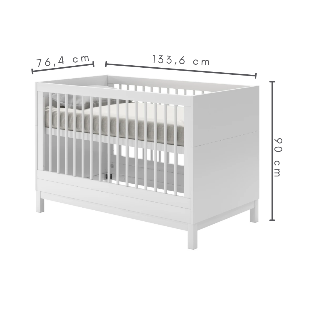 berço 2 em 1 cor branco,  A=90 cm   C=133,6 cm    L= 76,4 cm