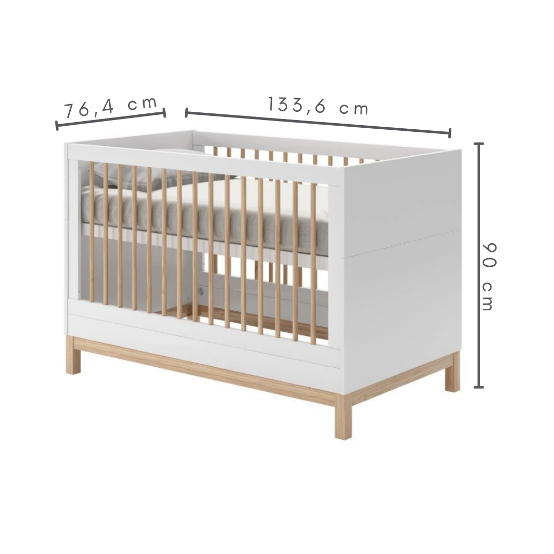 berço 2 em 1, cor branco e carvalho,   A= 90 cm     L=76,4 cm     C=133,6 cm