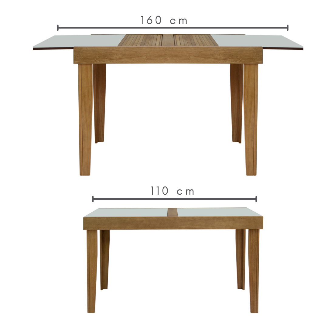 Mesa Extensível Estelita 4 e 6 Lugares Amêndoa com Tampo de Vidro Fendi, medidas do tampo:    Aberto=160 cm     Fechado=110 cm