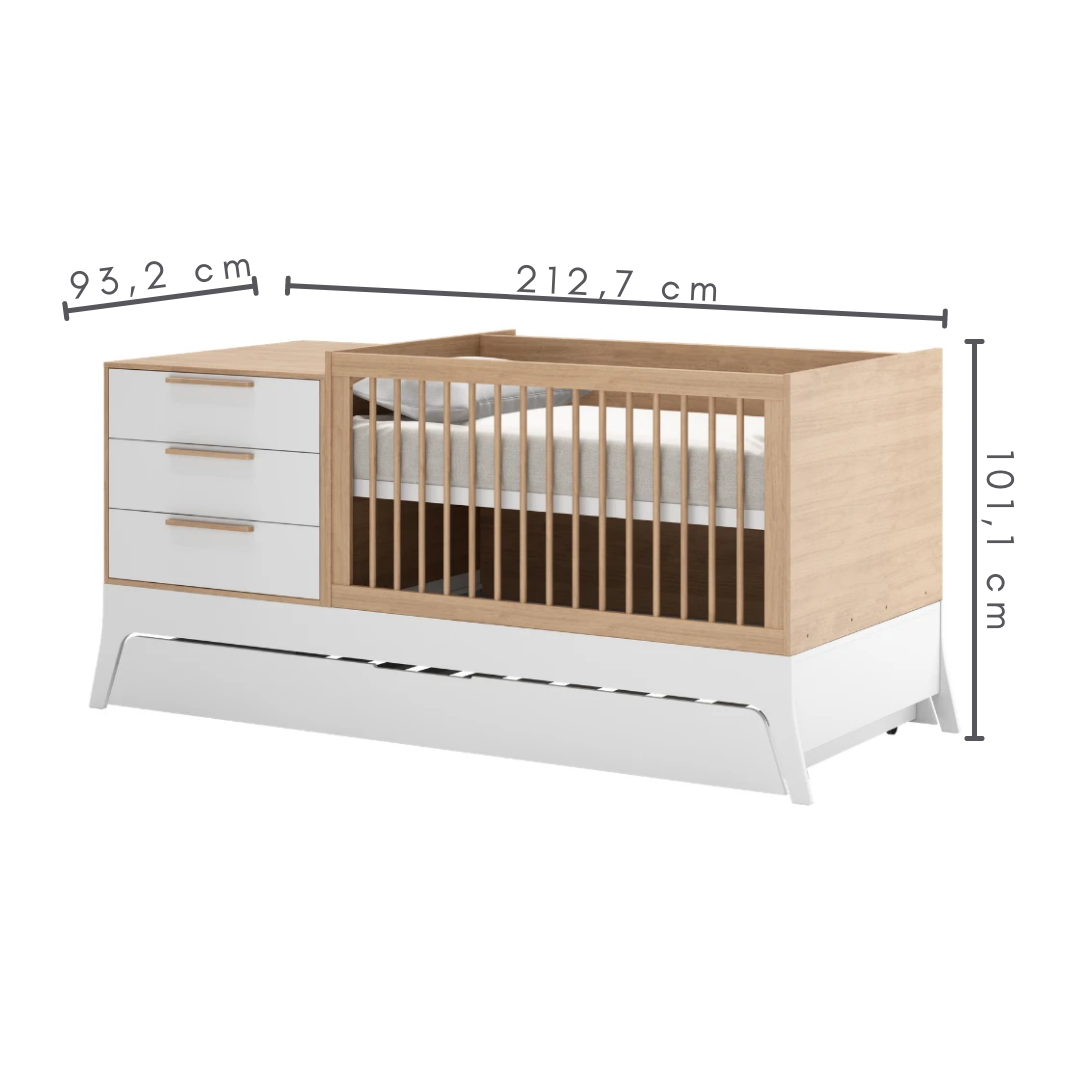 berço 6 em 1, com 3 gavetas,bicama,    A=101,1 cm    L=93,2 cm     C=212,7 cm