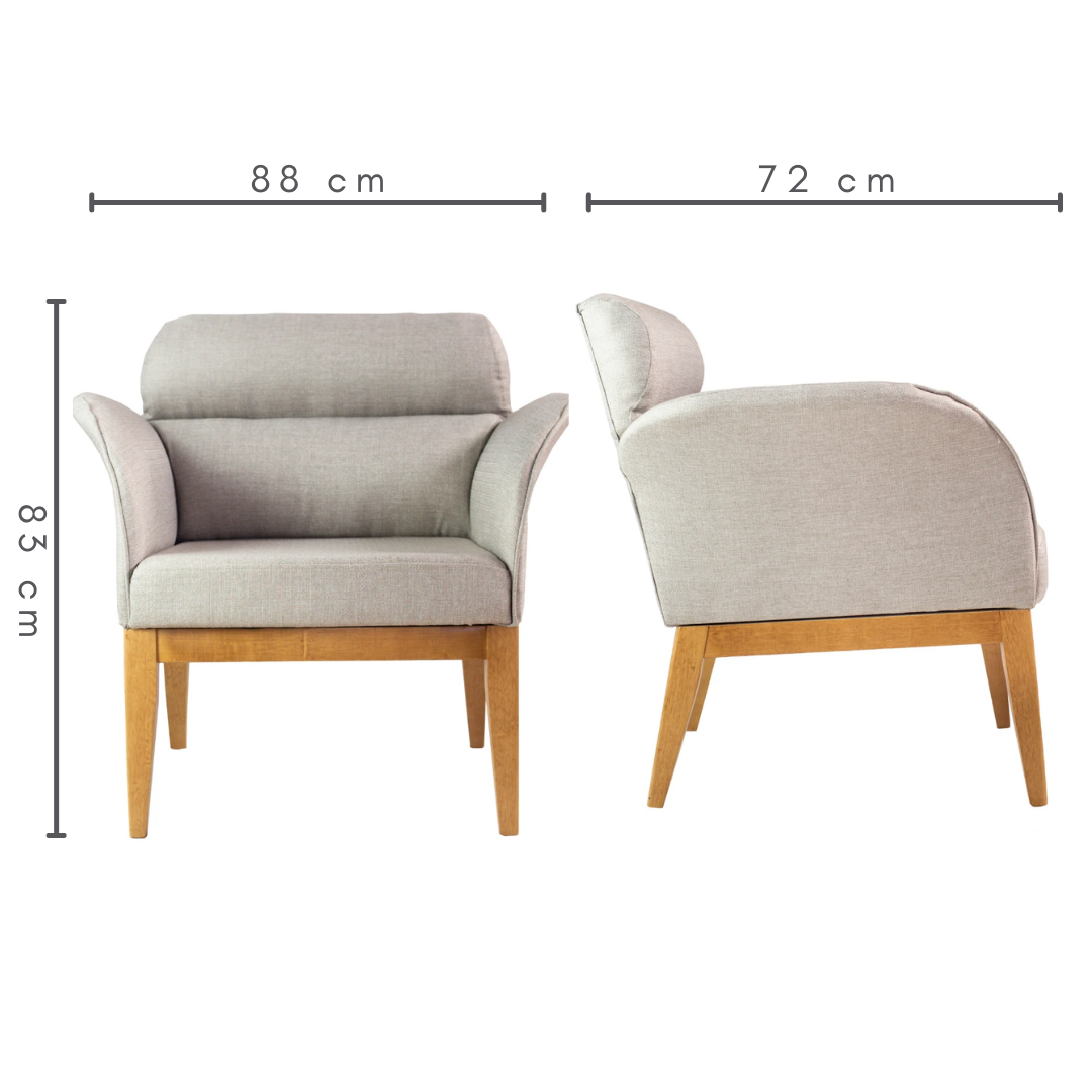Poltrona Estofada Lip Tecido Linho Cinza, medidas:   A=83 cm   C=88 cm   L=72 cm