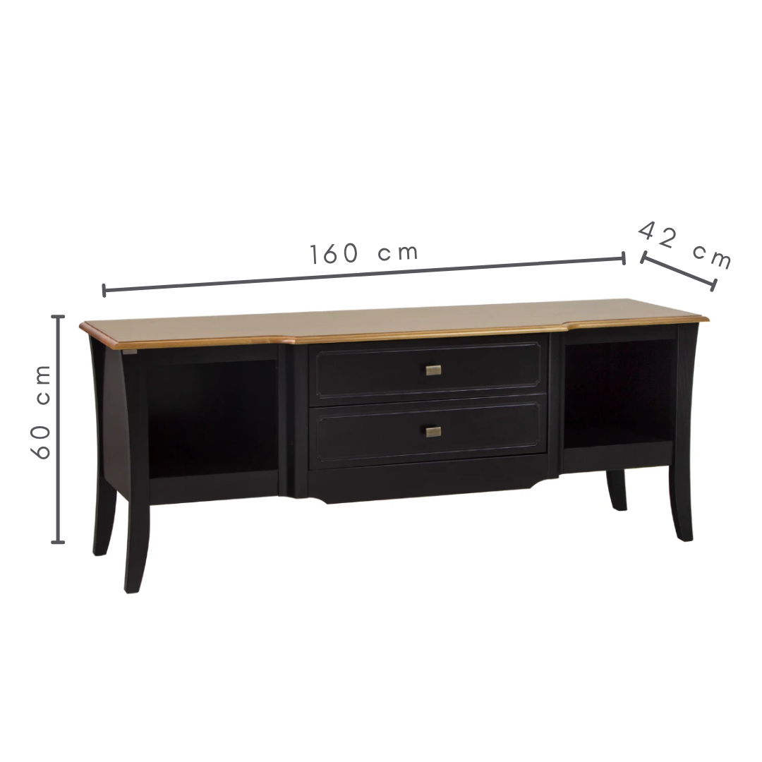 Rack De TV 2 Gavetas Simplicidade Em Madeira Cor Laca Preta Com Mel, medidas:   A=60 cm   C=160 cm   L=42 cm