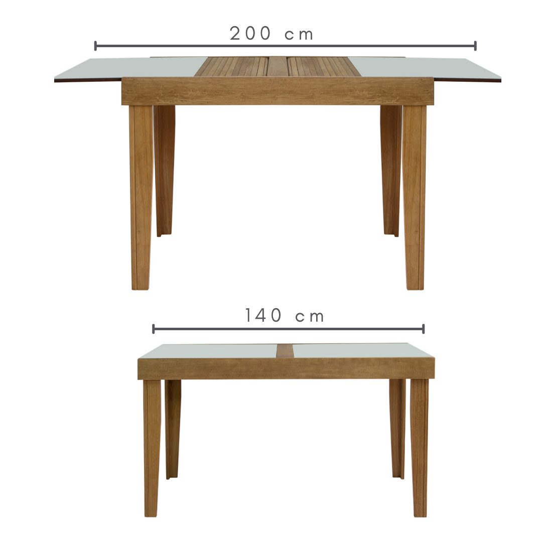 Mesa Extensível Ester 6 e 8 Lugares Amêndoa com Tampo de Vidro Fendi, medidas do tampo:    Aberta=200 cm    Fechada=140 cm