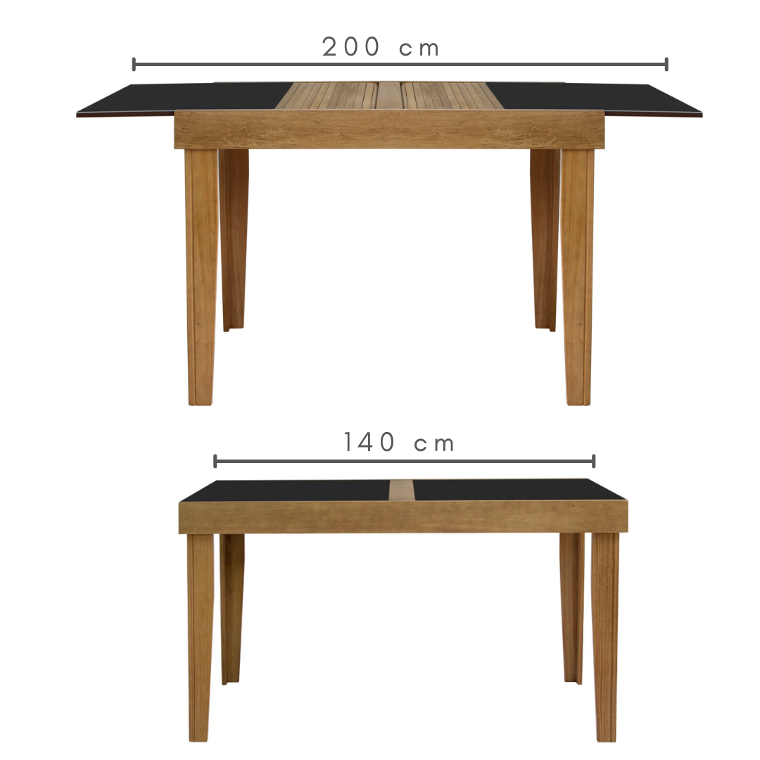 Mesa Extensível Ester 6 e 8 Lugares Amêndoa com Tampo de Vidro Preto, medidas do tampo:    Aberto=200 cm   Fechado= 140 cm