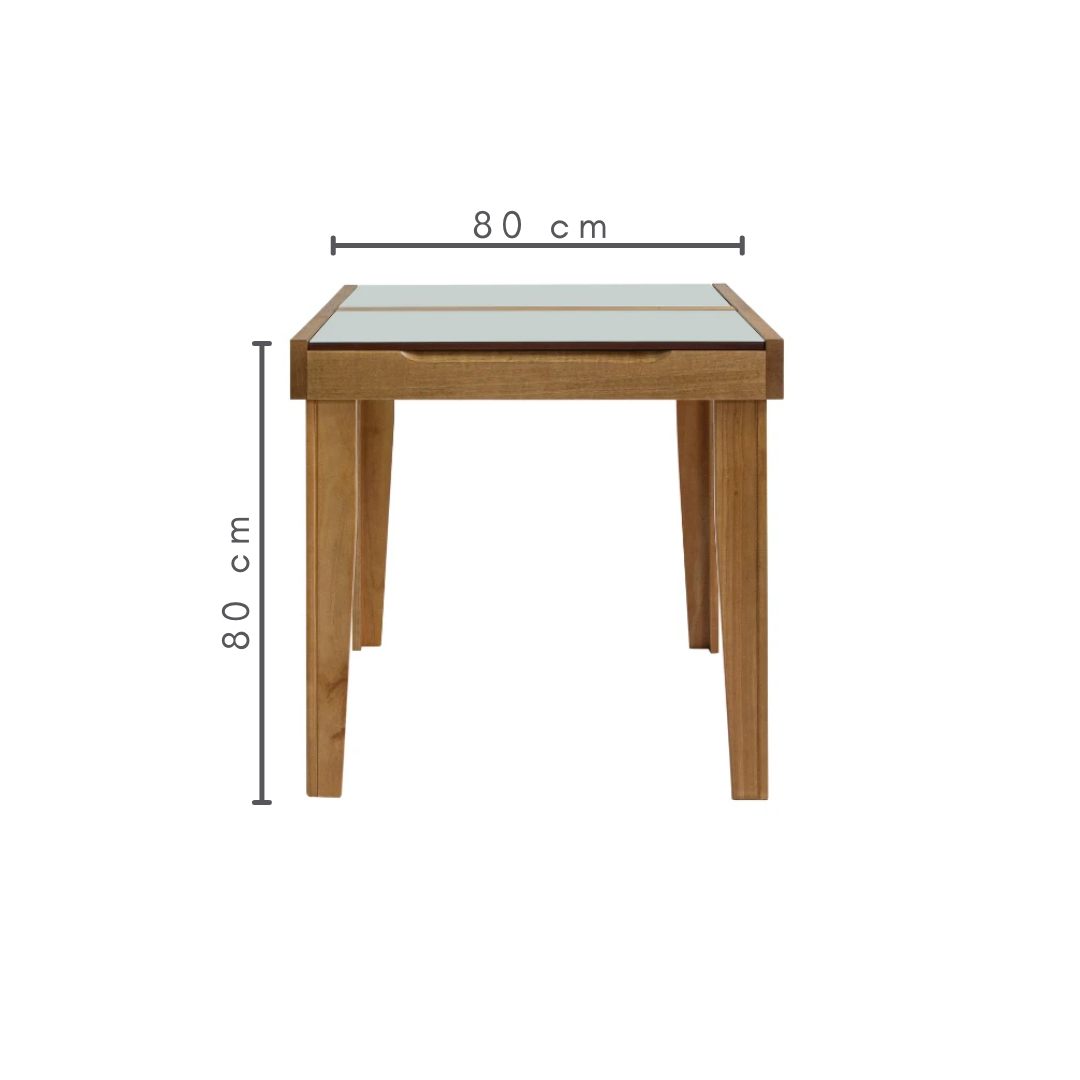 Mesa Extensível Estelita 4 e 6 Lugares Amêndoa com Tampo de Vidro Fendi, medidas:    A=80 cm    L=80 cm