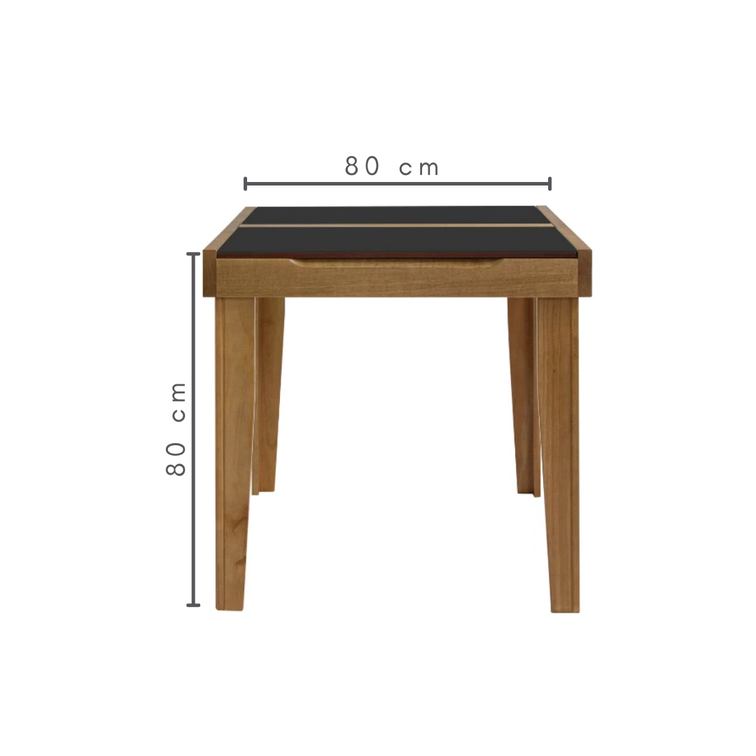 Mesa Extensível Ester 6 e 8 Lugares Amêndoa com Tampo de Vidro Preto, medidas    A=80 cm    L=80 cm 