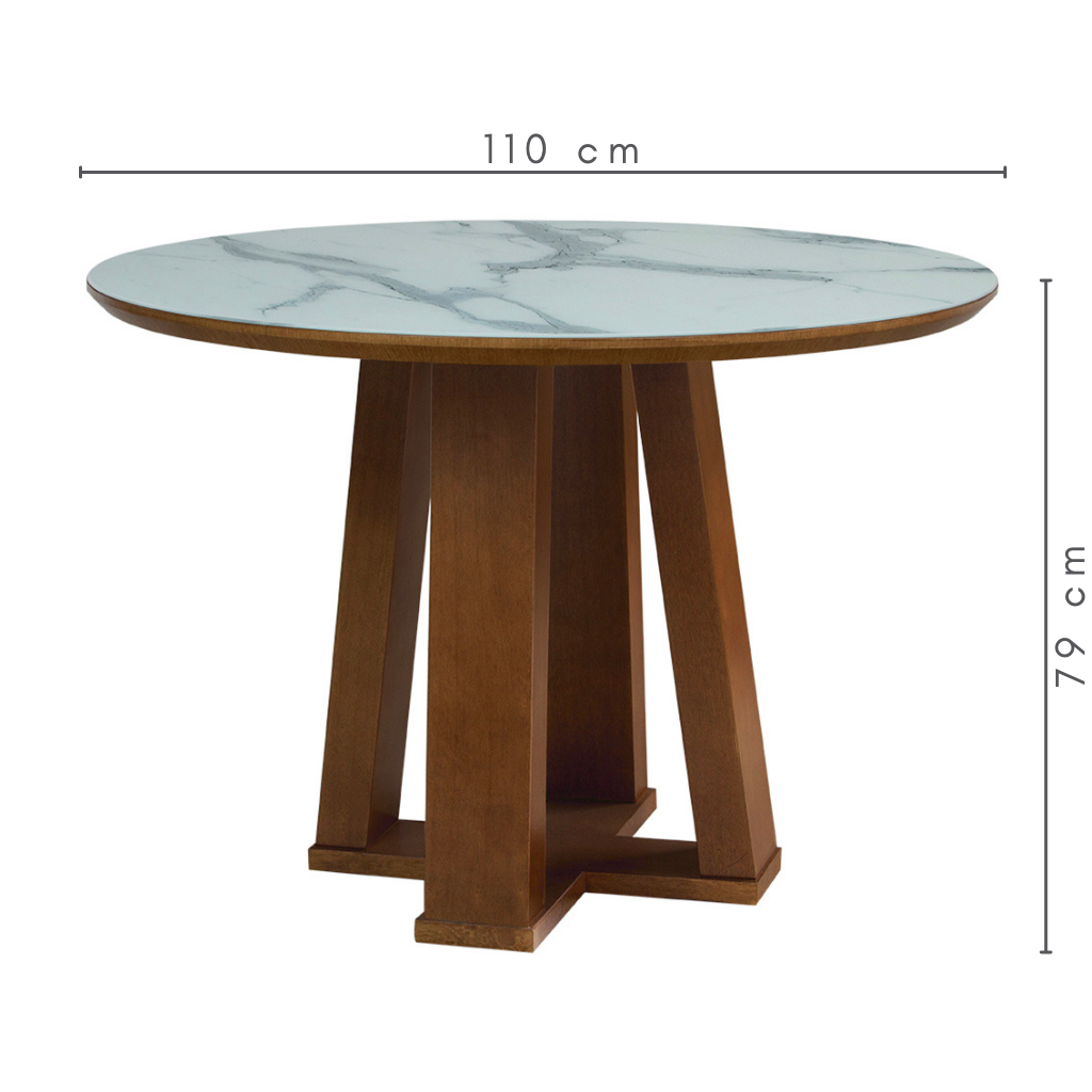 Mesa de Jantar Redonda Dália Base X Amêndoa  e Tampo Amêndoa Com Vidro Branco Marmorizado Sobreposto 110 cm