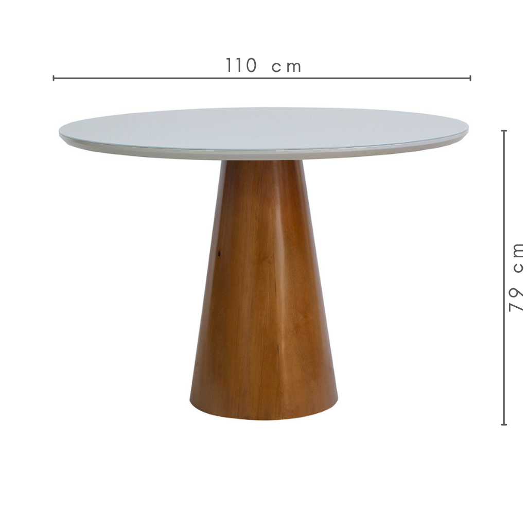 Mesa de Jantar Redonda Flora Base Cone Amêndoa e Tampo Fendi Com Vidro Sobreposto 110 cm