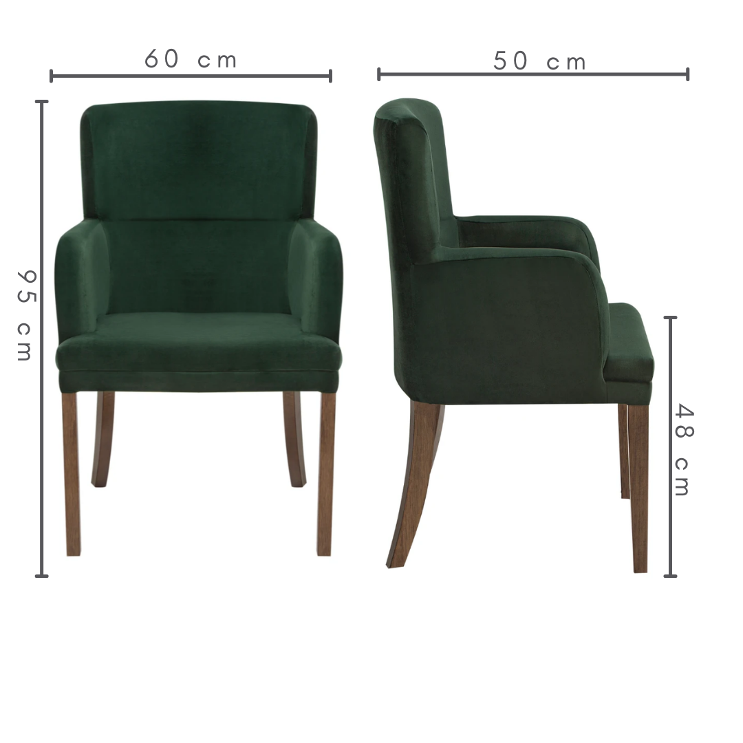 Poltrona Isa Pés Castanho e Tecido Veludo Verde, medidas:    Altura total=95 cm    Altura entre chão e assento= 48 cm    C=60 cm    L=50 cm