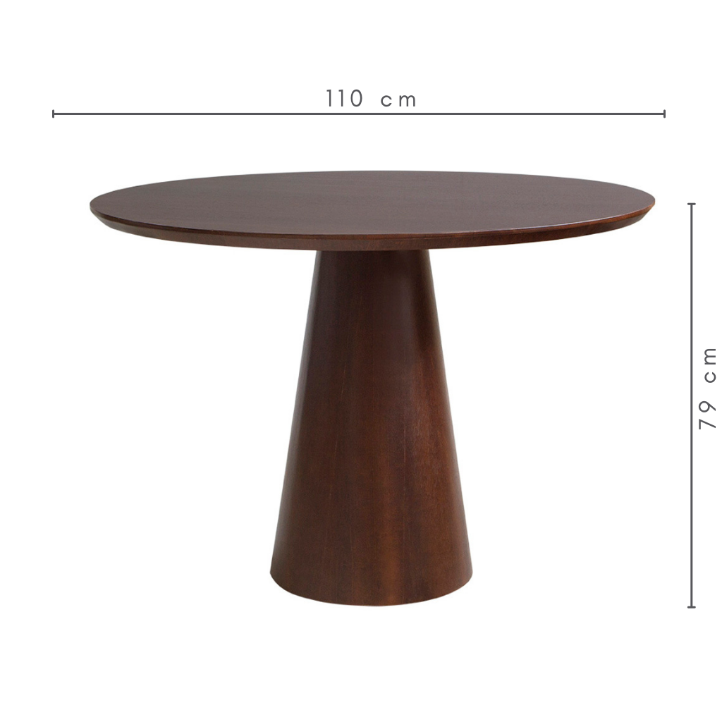 Mesa de Jantar Redonda Patrícia Base Cone Castanho e Tampo Castanho 110cm, medidas     A-79 cm     C=110 cm