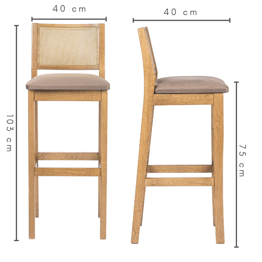 Banqueta em madeira com trama natural e estofado suede bege cor amêndoa,    altura total=103 cm     altura do assento ao chão= 75 cm    L=40 cm     C= 40 cm