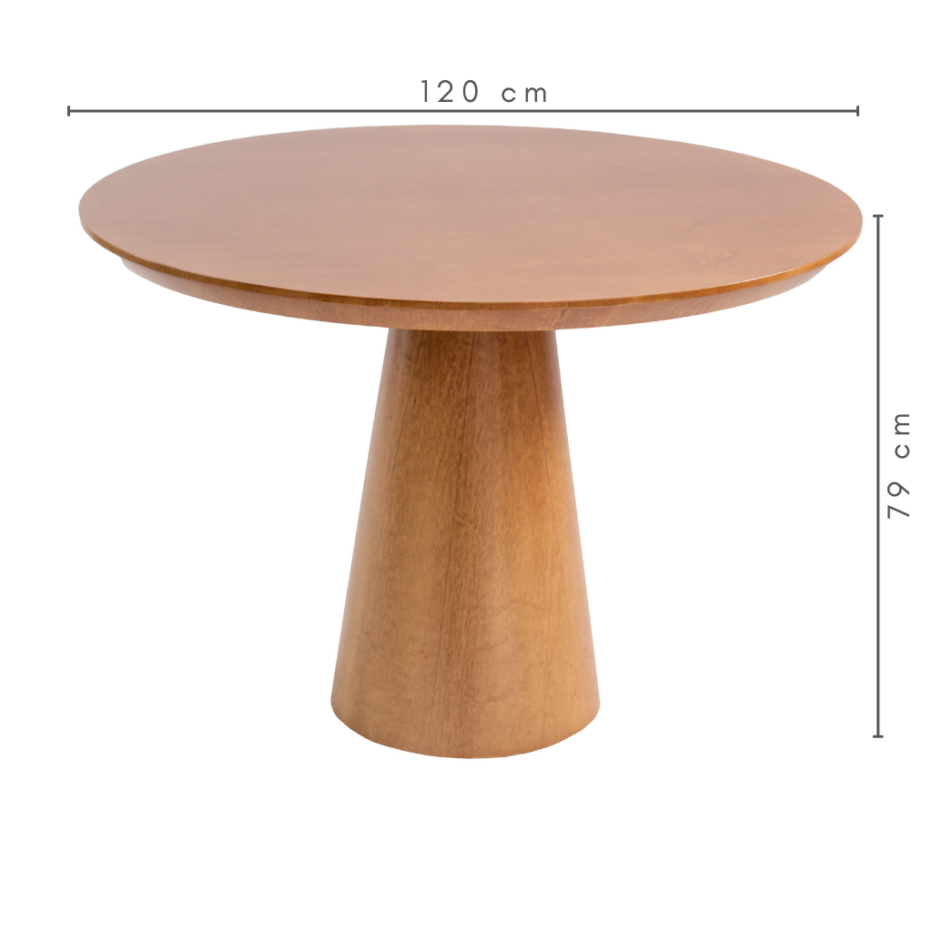 Mesa de Jantar Redonda Claire Base Cone Amêndoa e Tampo Amêndoa 120 cm, medidas    A=79 cm    C=120 cm