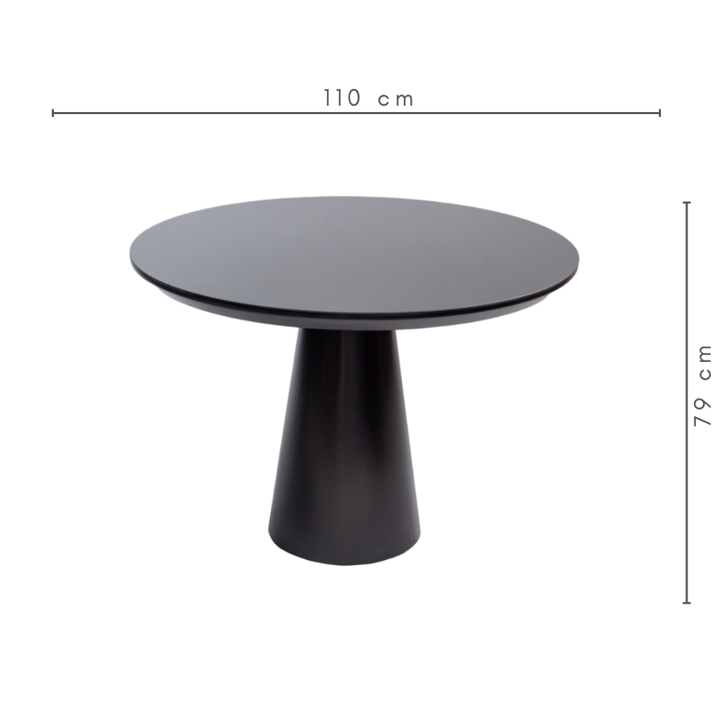Mesa de Jantar Redonda Siena Base Cone Preto e Tampo Preto 110 cm, medidas:   A=79 cm   C=110 cm    L=110 cm