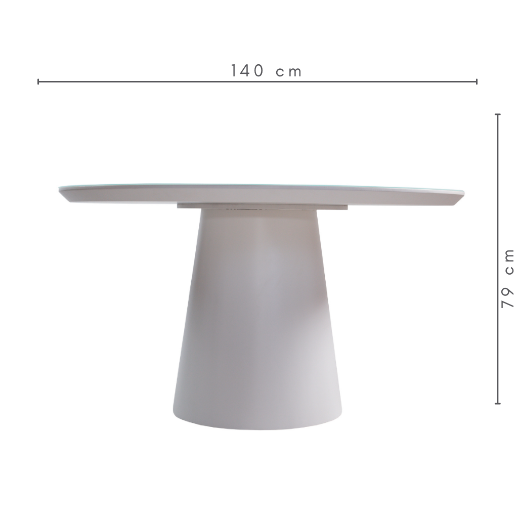 Mesa de Jantar Redonda Merida Base Cone Branca e Tampo Branco 140 cm, medidas  A=79 cm    C=140 cm