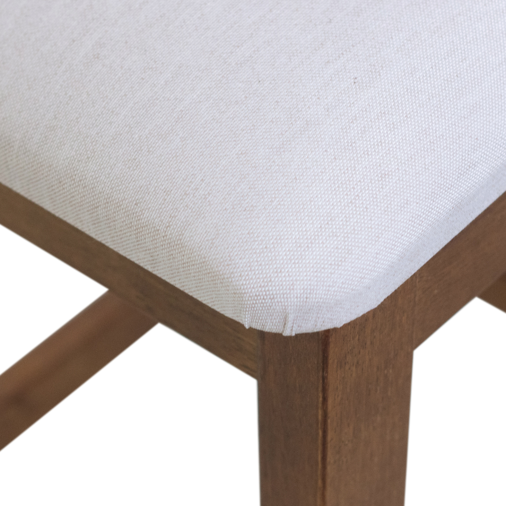 Banqueta em Madeira com Trama Natural e Estofado Silvia cor Imbuia Tecido Linho Creme