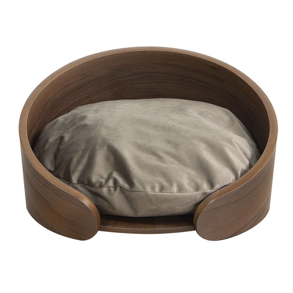 cama pet médio porte cor nogueira eros veludo claro. visto de frente