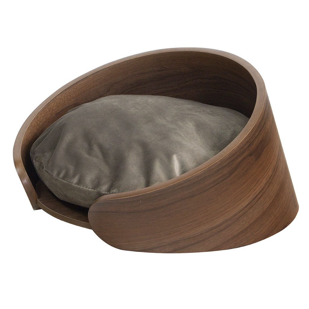 cama pet pequeno porte cor nogueira eros veludo claro, visto de lado