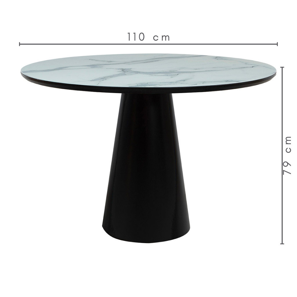 Mesa de Jantar Redonda Ivony Base e Tampo Preto Com Vidro Branco Marmorizado Sobreposto 110 cm