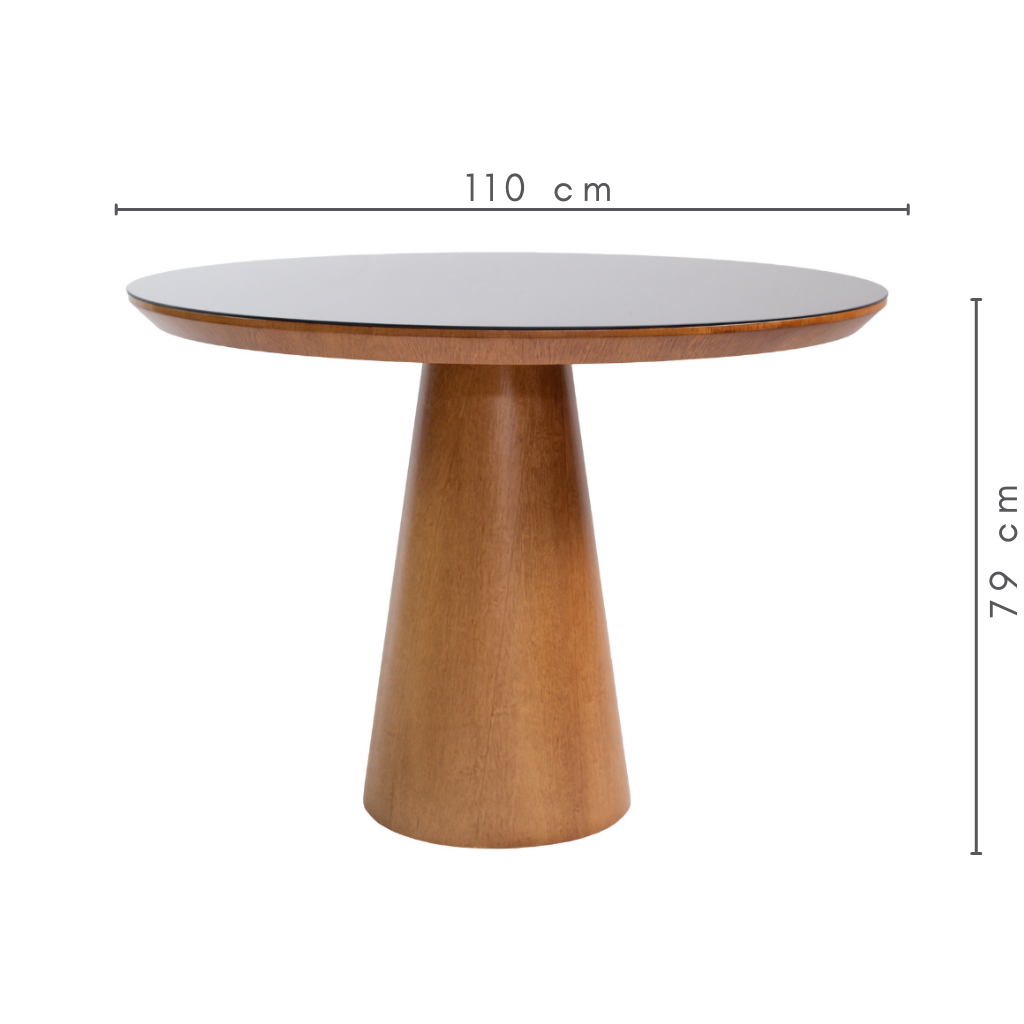 Mesa de Jantar Redonda Margô Base Cone Amêndoa e Tampo Amêndoa  e Vidro Preto 110cm