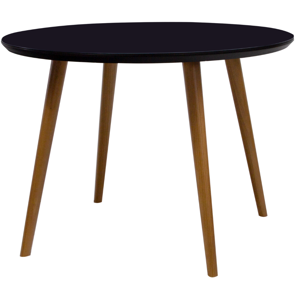 mesa de jantar redonda Angela pés palitos amêndoa tampo preto com vidro preto sobreposto 110 cm, de lado