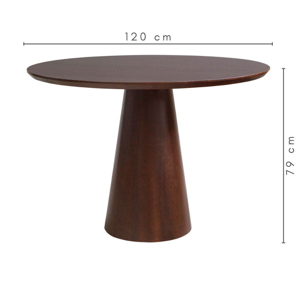 Mesa de Jantar Redonda Regina Base Cone Castanho e Tampo Castanho 120cm, medidas:  A=79 cm    C=120 cm   L=120 cm