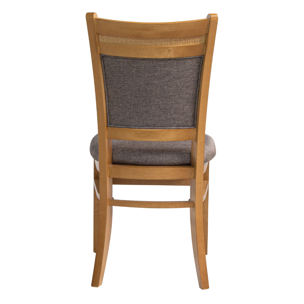 conjunto 2 cadeira Tammy cor amêndoa, tecido linho marrom com detalhe em Tattan, visto de costas
