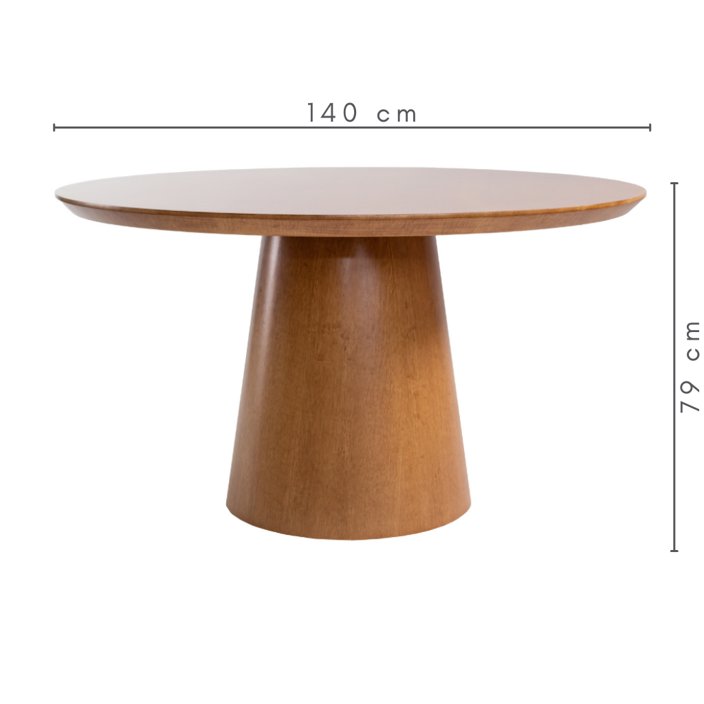 Mesa de Jantar Redonda Tiana Base Cone e Tampo Amêndoa 140 cm, medidas:   A=79 cm    C=140 cm    L=140 cm