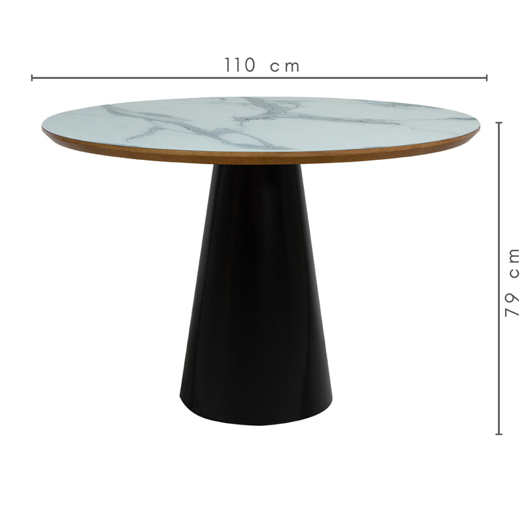 Mesa de Jantar Redonda Valentina Base Preta Tampo Amêndoa Com Vidro Branco Marmorizado Sobreposto 110 cm, medidas:    A=79 cm    C=110 cm    L=110 cm