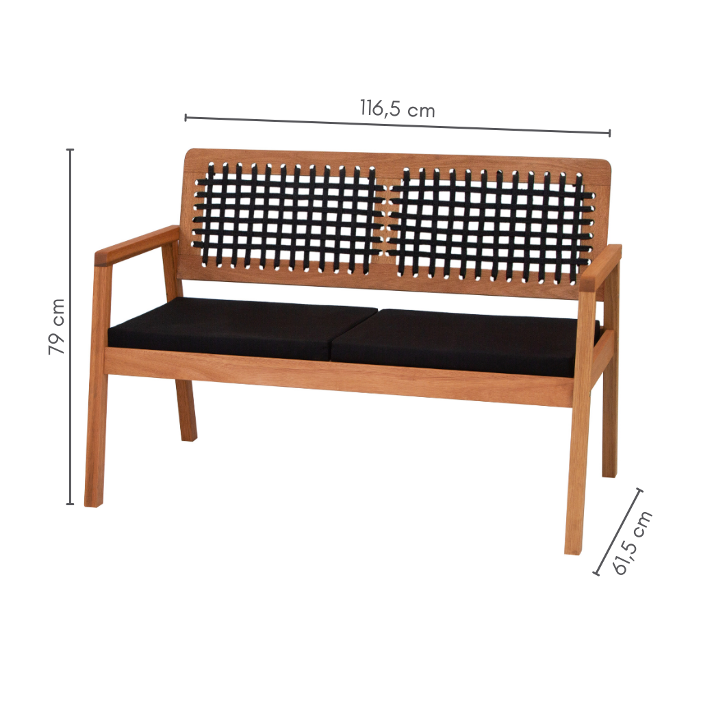 Sofá 2 Lugares Anice Em Madeira Com Corda Preta Tecido Preto Acquablock, medidas:   A+79 cm    C=116,5 cm    L=61,5 cm