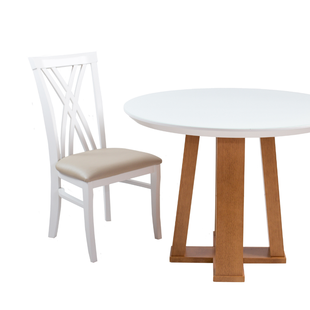 mesa de jantar redonda Atenas base x Amêndoa e tampo branco 110 cm, com uma cadeira de exemplo
