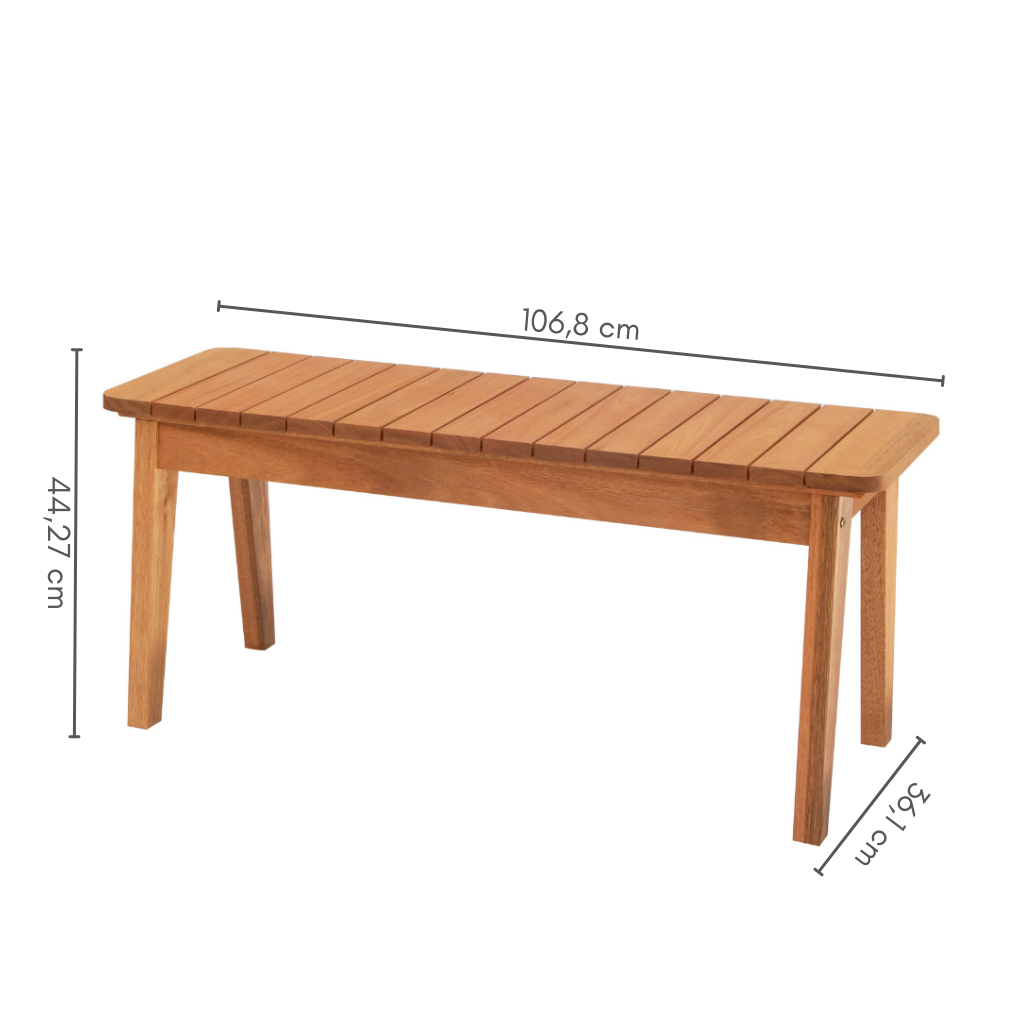 Banco ripado com 2 lugares, cor marrom natural,   A=44,27 cm   C=106,8 cm   L=36,1 cm