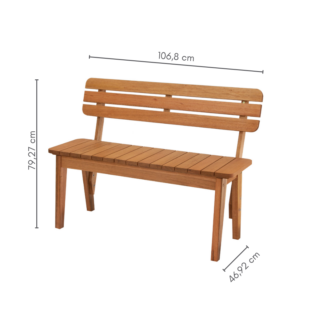 Banco ripado com 2 lugares e com encosto , cor marrom claro,   A=79,27 cm    C=106,8 cm    L=46,92 cm