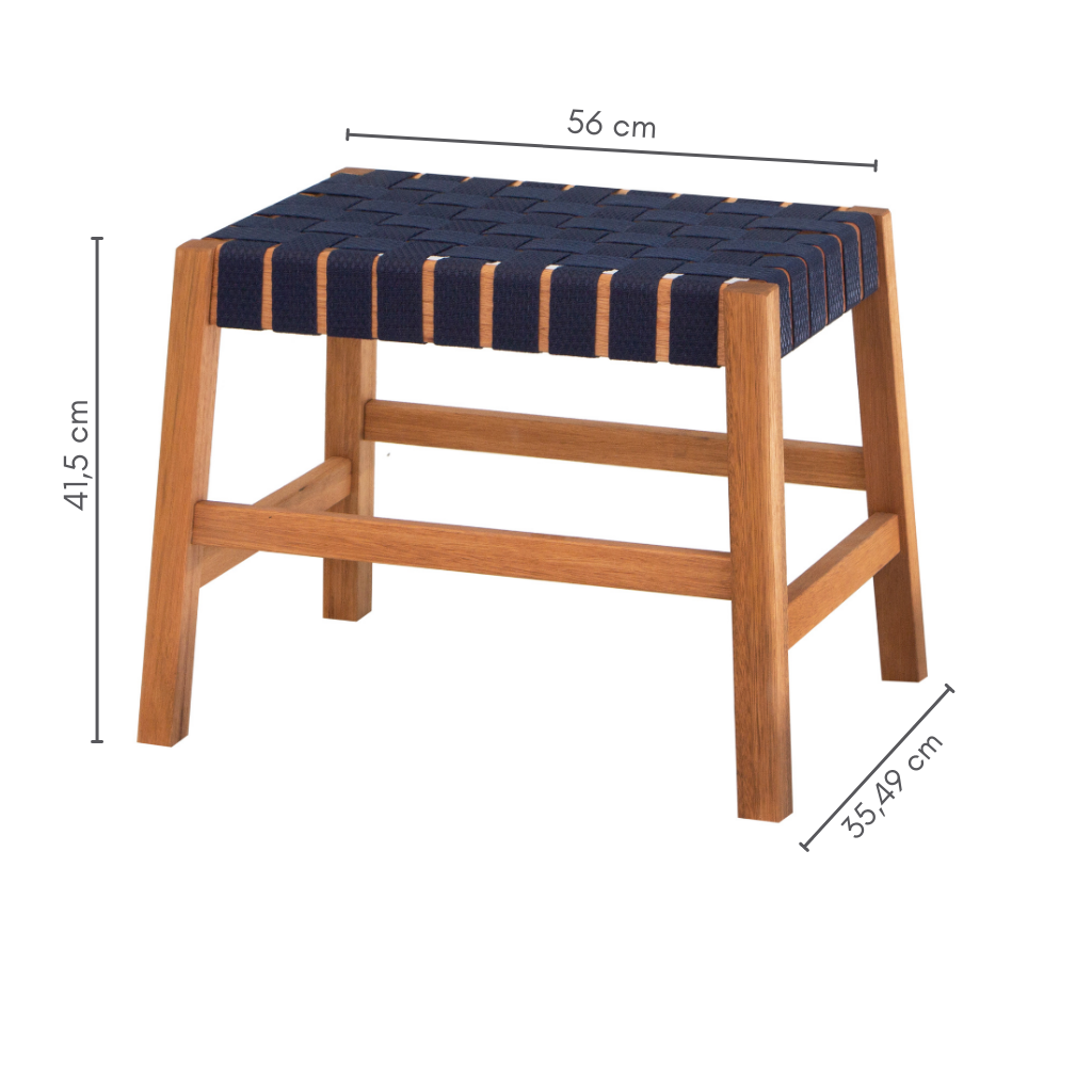 Banco baixo cor castanheira, assento em fita azul,   A=41,5 cm    C=56 cm   L=35,49 cm